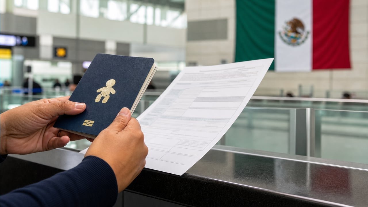Formato SAM en México: documento de autorización y pasaporte de un menor en un aeropuerto, con bandera mexicana de fondo