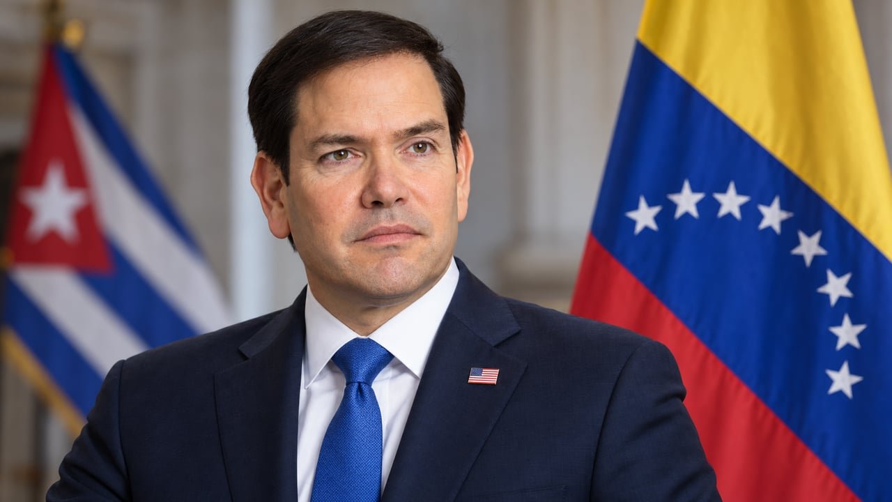 Marco Rubio con banderas de Cuba y Venezuela de fondo, simbolizando la influencia cubana en Venezuela