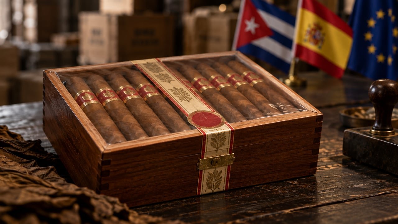 Caja de habanos cubanos junto a las banderas de Cuba, España y la Unión Europea, símbolo del bloqueo de las cuentas de Tabacalera, socia en Habanos S.A.