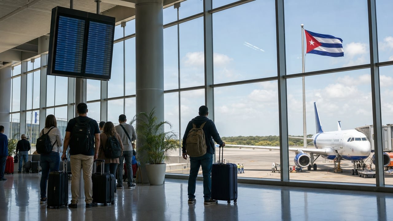 Pasajeros esperan en la terminal del aeropuerto José Martí de La Habana ante los recortes de vuelos a Cuba en agosto de 2026