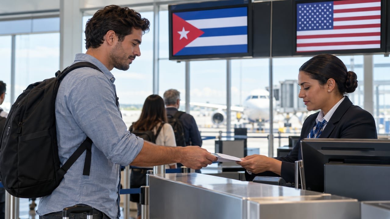 Pasajero entrega su declaración por ébola antes de abordar un vuelo de Cuba a Estados Unidos