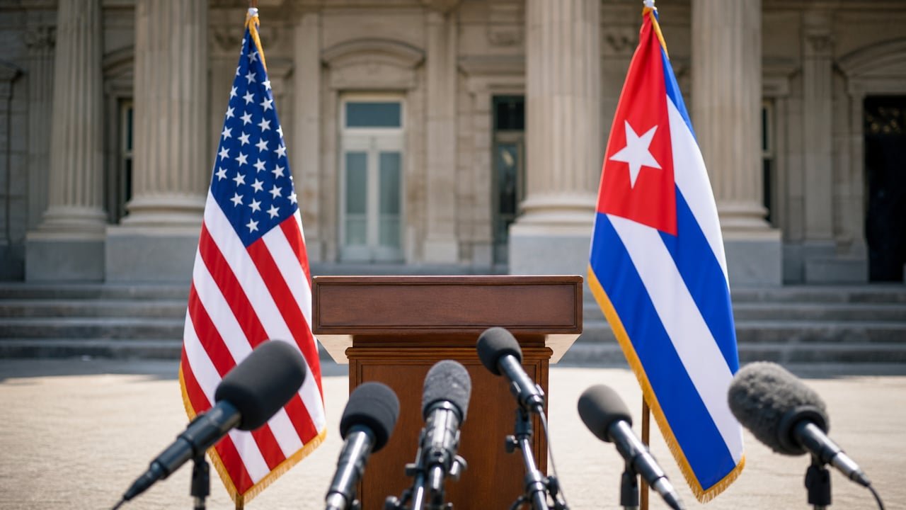 Atril con banderas de Estados Unidos y Cuba antes de la declaración de Marco Rubio sobre el espionaje cubano