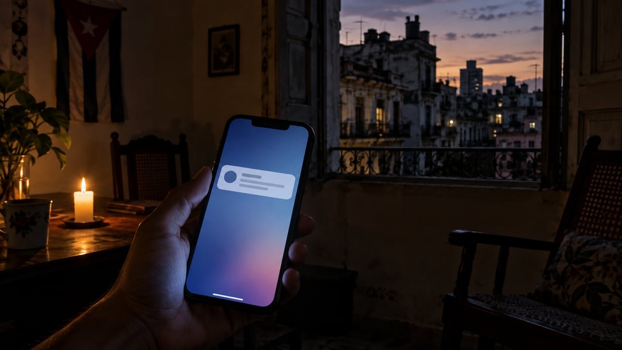 Teléfono móvil iluminado en una vivienda a oscuras durante un apagón en La Habana, ilustrando el bot de alertas por circuito de la Empresa Eléctrica