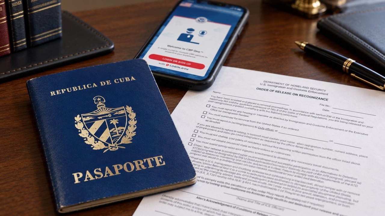 Pasaporte cubano real junto al formulario migratorio I-220A y la app CBP One