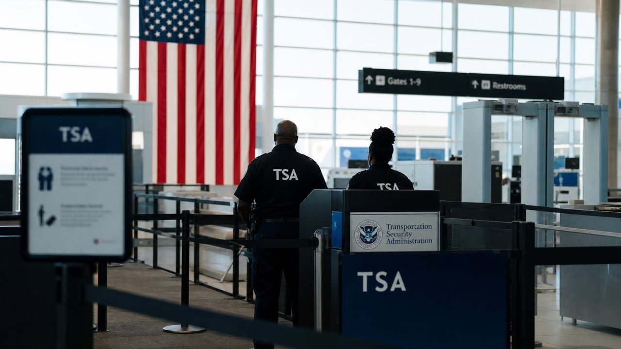 Control de seguridad en un aeropuerto de Estados Unidos con agentes uniformados, símbolo de las detenciones de ICE que ponen en alerta a los migrantes cubanos