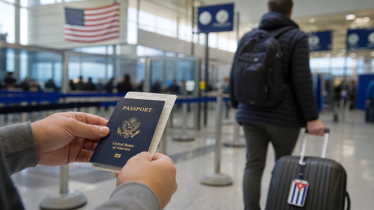 Viajero con pasaporte y documento de advance parole junto a una maleta con bandera cubana en un control migratorio de Estados Unidos