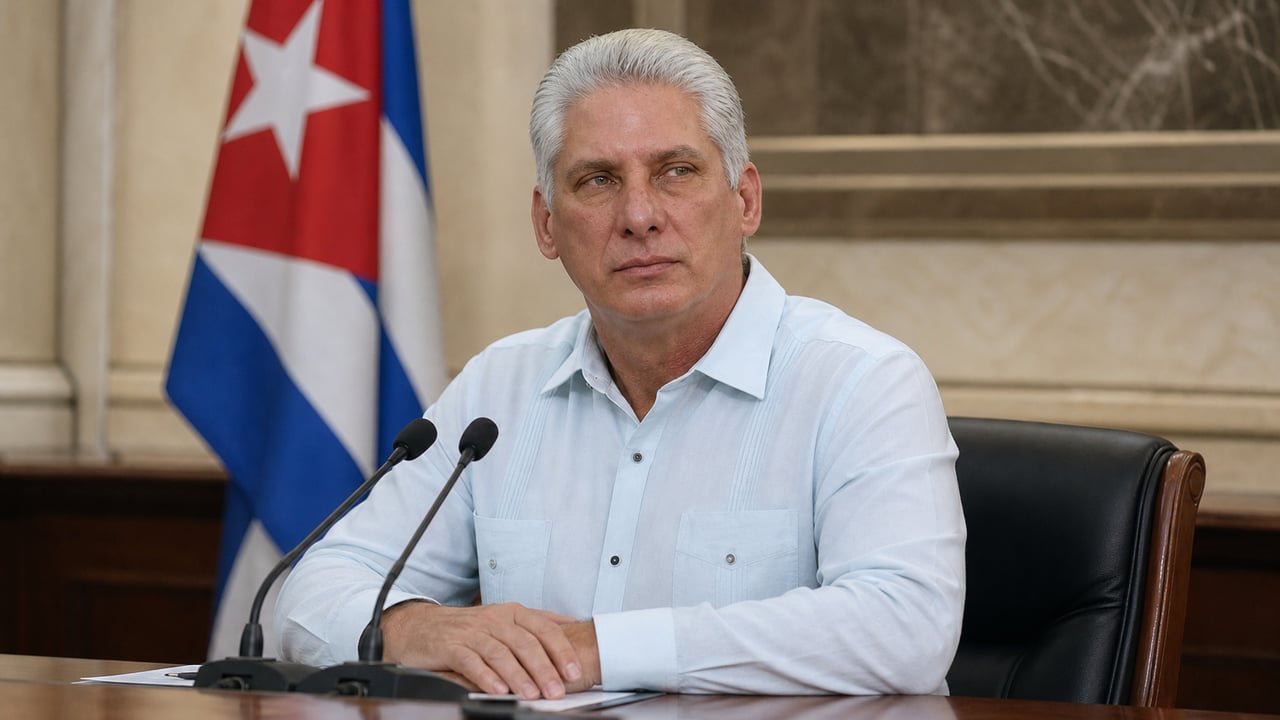 Díaz-Canel, presidente de Cuba, en acto oficial ante bandera cubana