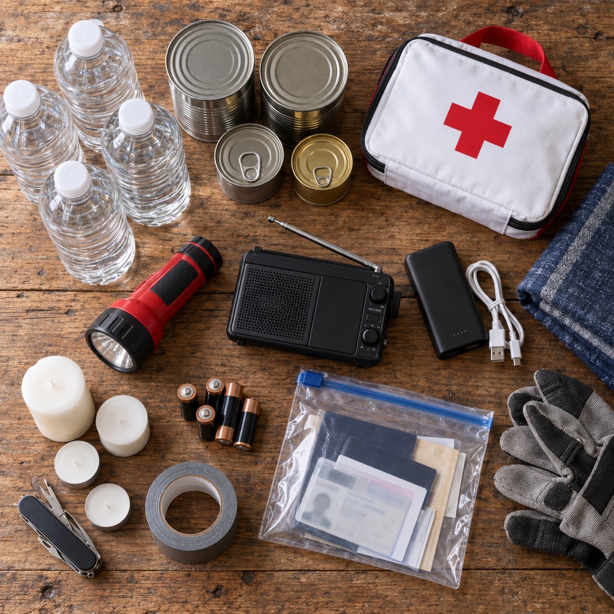 Kit de emergencia para huracán con agua, comida, linterna, radio, botiquín y documentos sobre mesa de madera