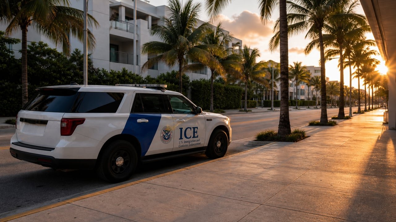 Vehículo de ICE en una calle de Miami durante los reportes de detenciones de ICE en Miami este 5 de agosto