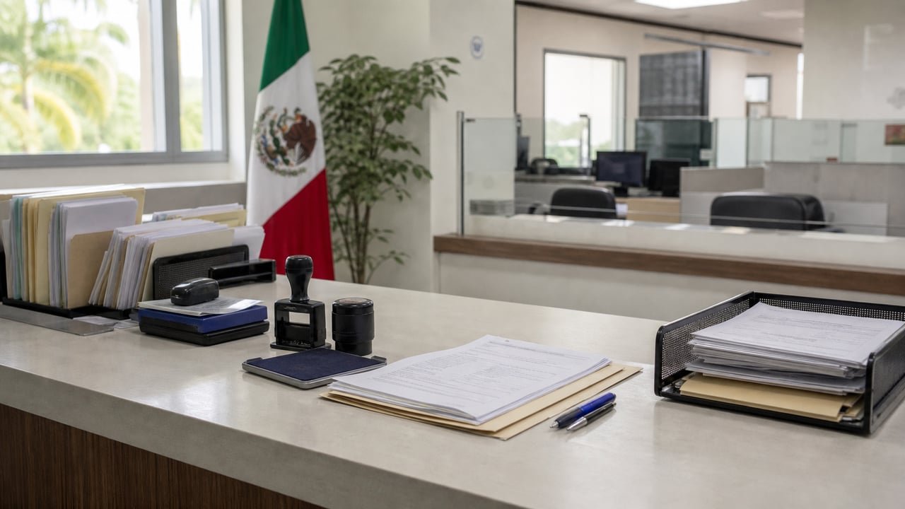 Oficina de trámites migratorios en México con bandera mexicana, en referencia al caso de venta de documentos migratorios a cubanos en Quintana Roo