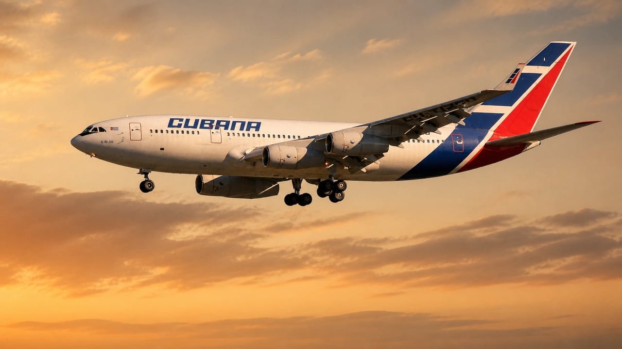 Ilyushin Il-96-300 de Cubana de Aviación en vuelo, flota envejecida afectada por la demanda de la empresa rusa ArkTechnic en Moscú