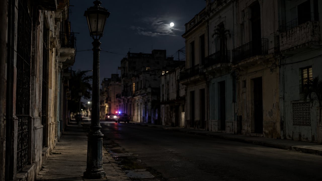 Calle oscura en La Habana durante un apagón nacional en Cuba, con una patrulla policial al fondo