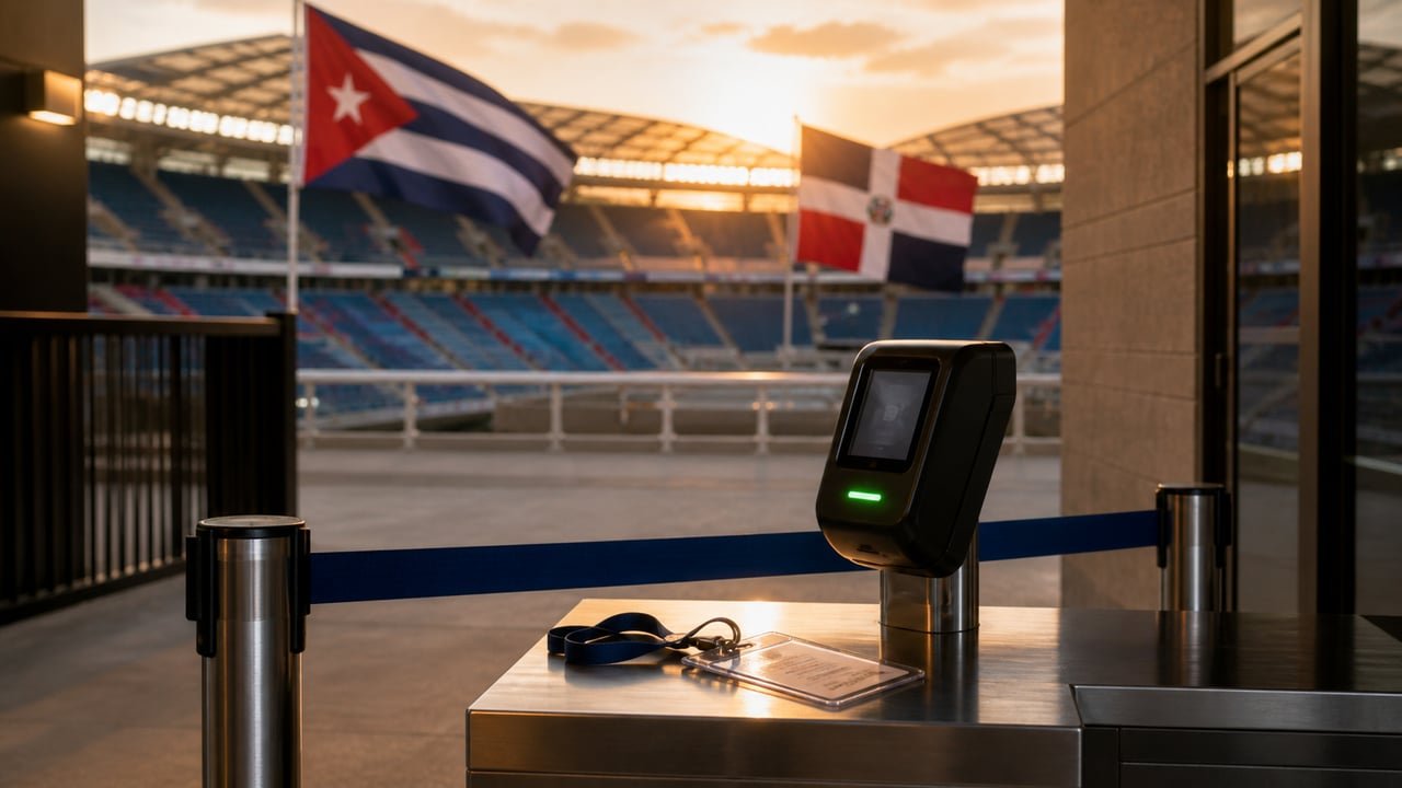Control de acreditaciones en una instalación deportiva de Santo Domingo con banderas de Cuba y República Dominicana, sobre la vigilancia de agentes cubanos a atletas en los Juegos Centroamericanos