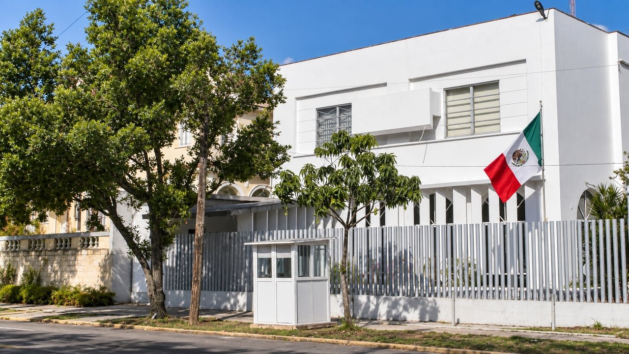 Fachada del Consulado de México en La Habana, que cerrará el 16 de septiembre de 2026 por el aniversario de la independencia de México
