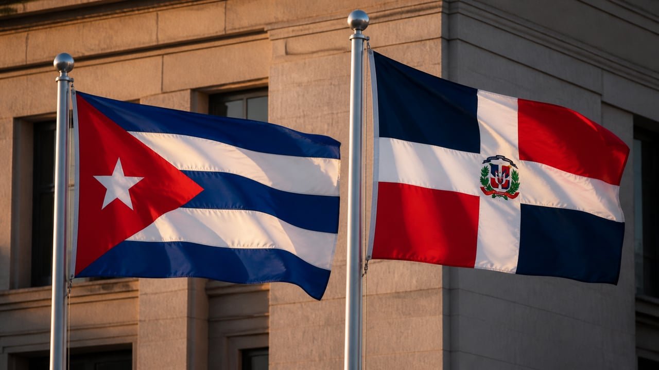 Banderas de Cuba y República Dominicana ondeando frente a un edificio diplomático tras la expulsión de nueve diplomáticos cubanos en República Dominicana