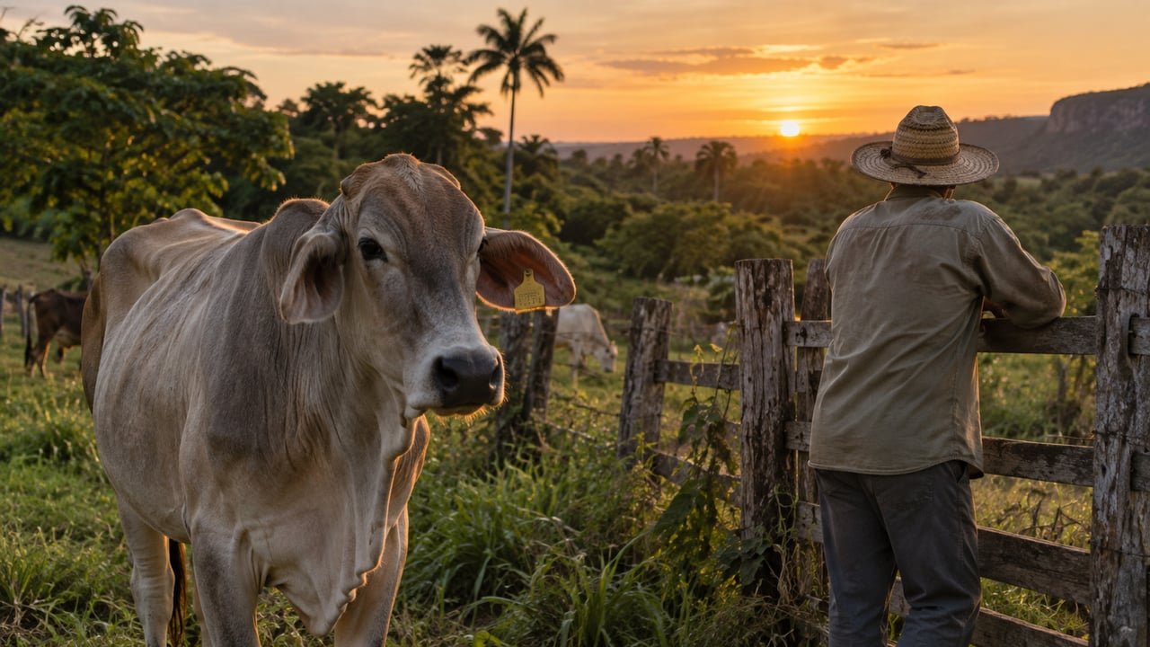Campesino junto a una res marcada en un potrero cubano, ilustrando las nuevas reglas para vender carne de res en Cuba