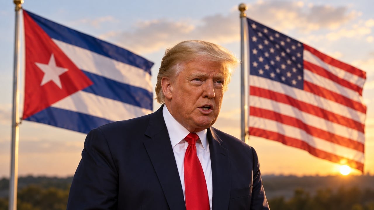 Donald Trump ante banderas de Cuba y Estados Unidos, tras descartar la intervención militar y hablar de un acuerdo con la isla