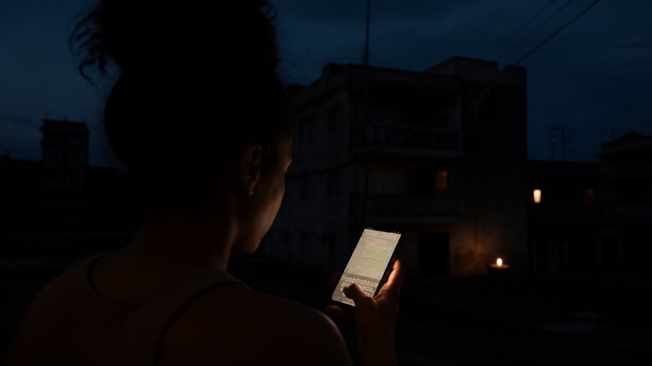 Persona revisa en su teléfono los canales oficiales de la Empresa Eléctrica de La Habana durante un apagón nocturno en un barrio de La Habana, Cuba