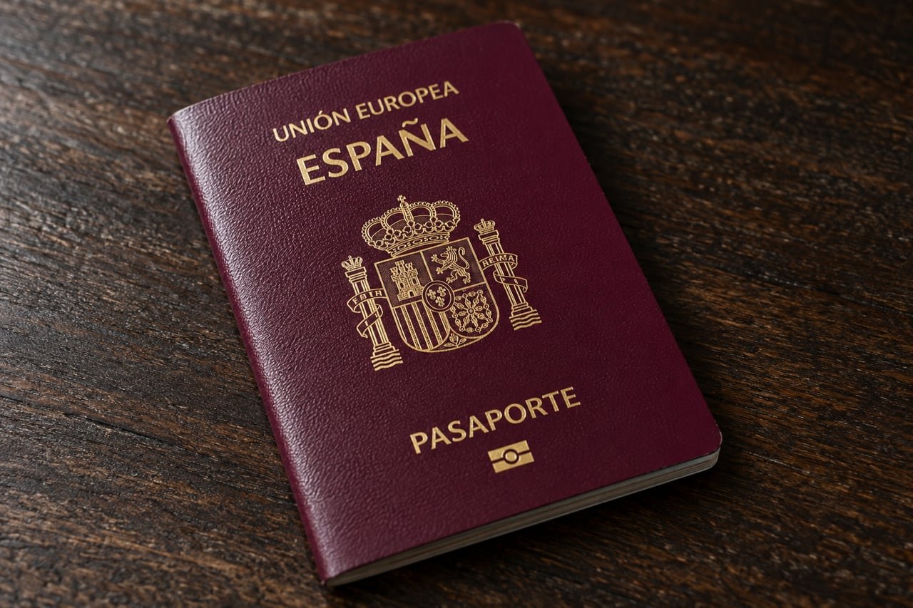 Pasaporte español burdeos con escudo dorado sobre madera oscura, fotografía editorial documental
