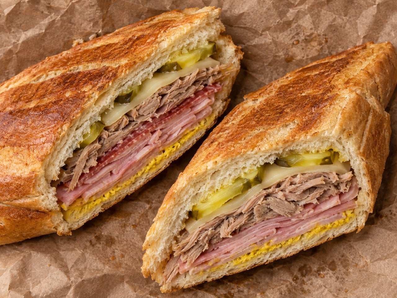 Comparación cenital de dos mitades de sándwich cubano, una con salami y otra sin salami, sobre papel de estraza