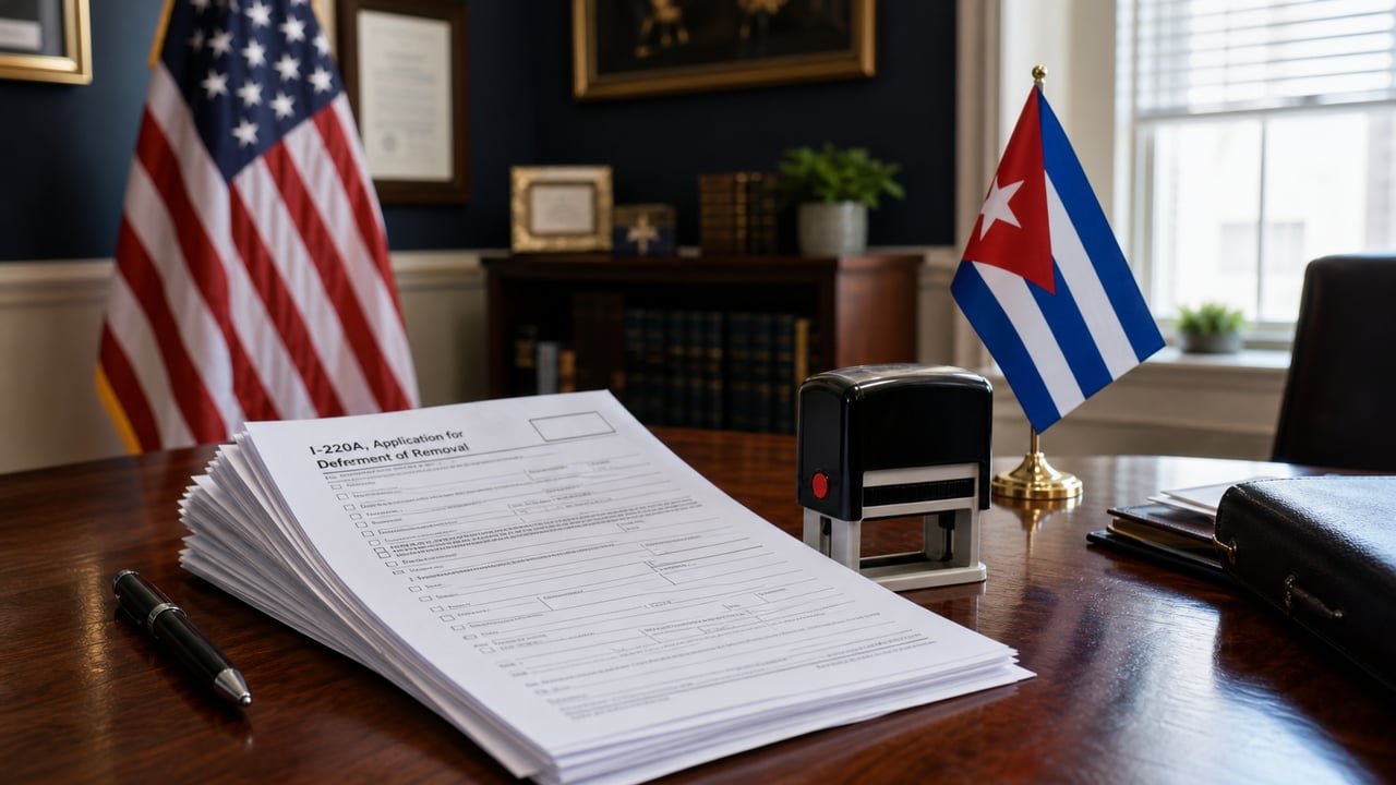 Formulario I-220A sobre un escritorio con bandera de Estados Unidos, ilustrando la alerta de María Elvira Salazar a los cubanos con I-220A