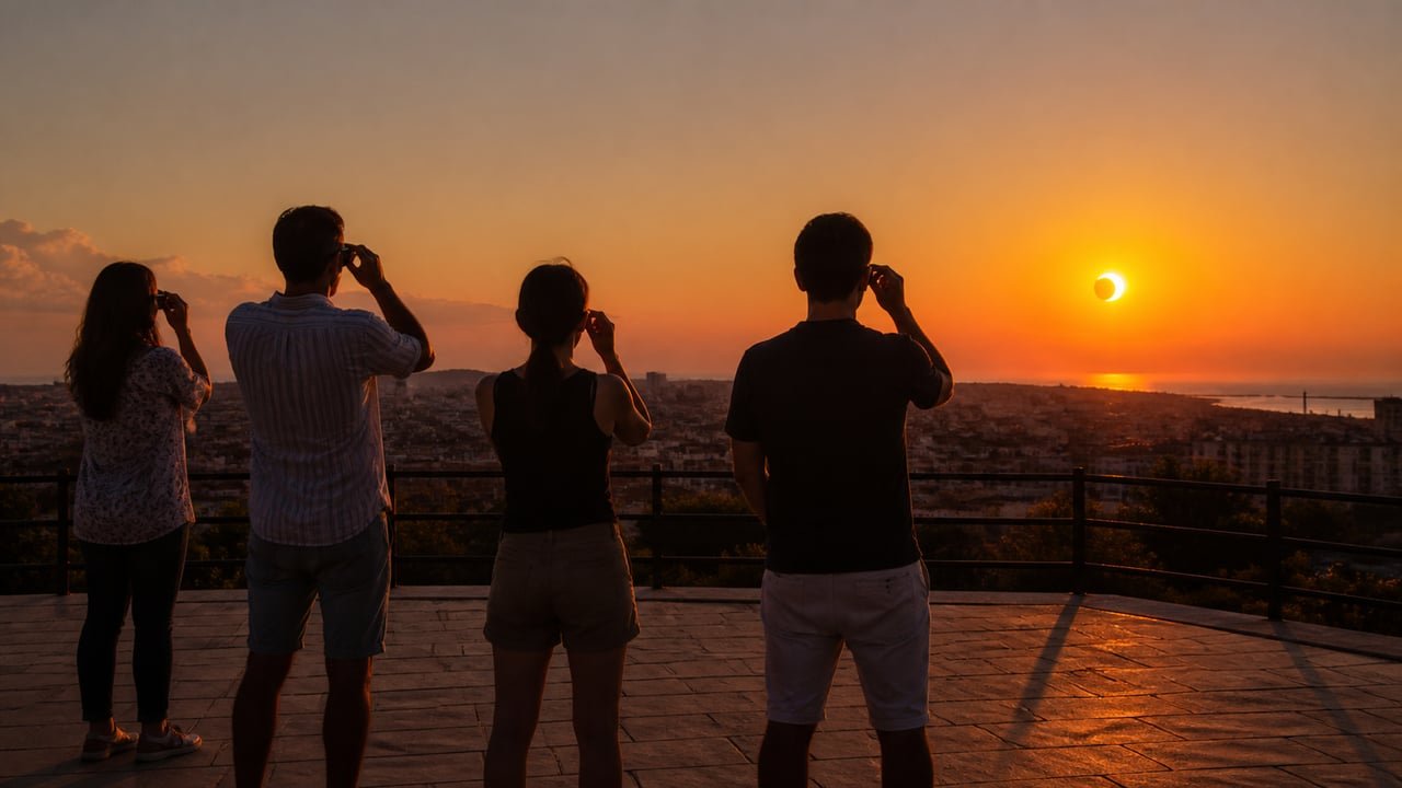 Personas observando con gafas certificadas el eclipse solar total en España al atardecer