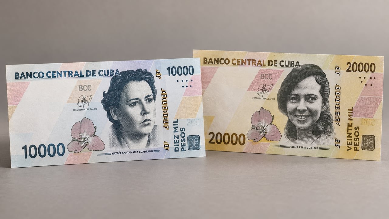 Nuevos billetes cubanos de 10.000 y 20.000 pesos emitidos por el Banco Central de Cuba