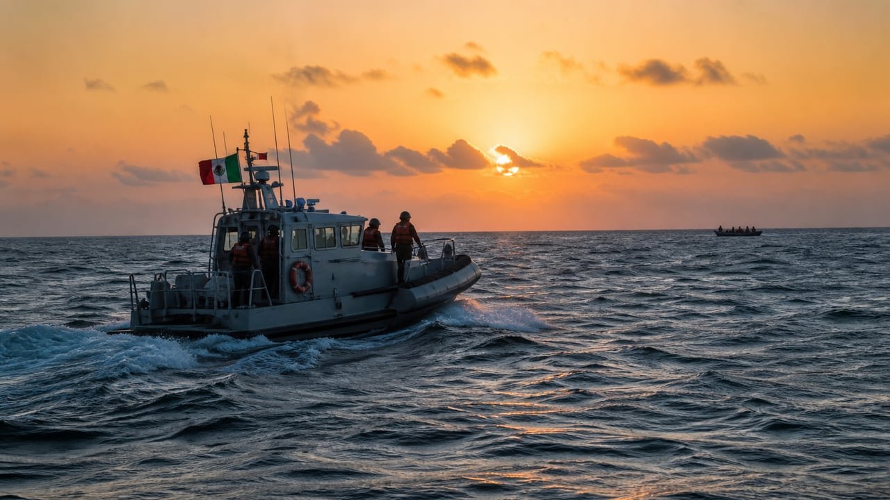 Embarcación de la Marina mexicana durante el rescate de 16 cubanos a la deriva frente a la Novena Zona Naval en Yucatán