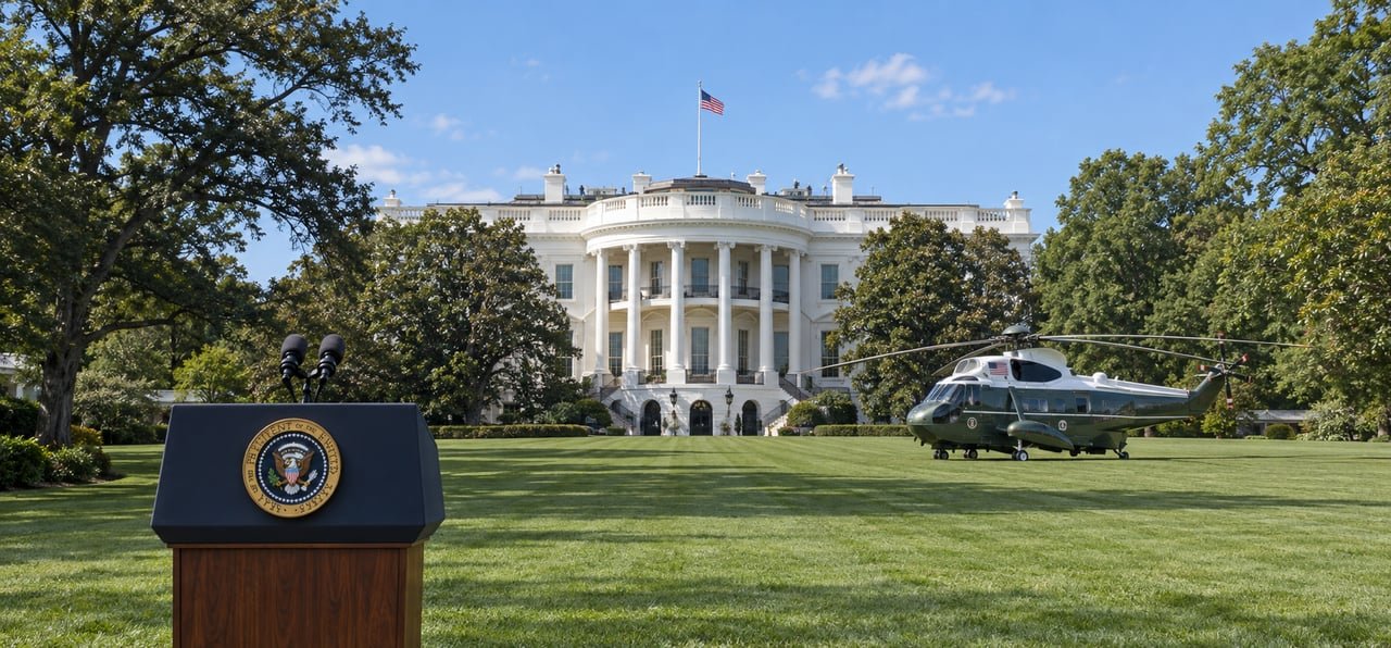 Fachada sur de la Casa Blanca con atril de prensa vacío y el helicóptero Marine One en el South Lawn