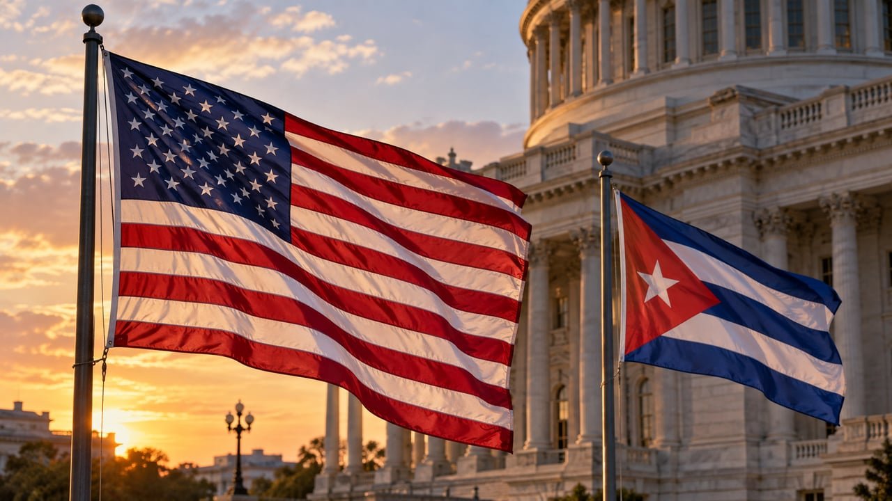 Capitolio de Estados Unidos con banderas de EE. UU. y Cuba, símbolo del choque entre María Elvira Salazar y Trump por las deportaciones