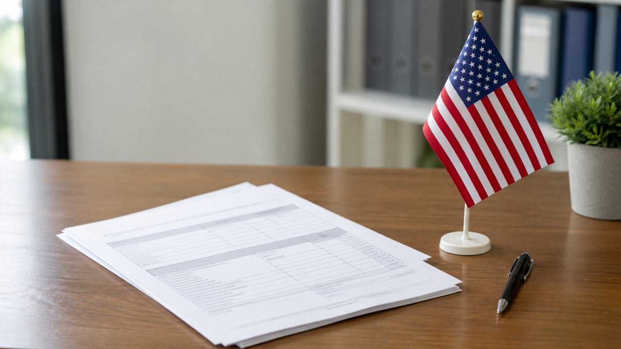Formulario I-485 y bandera de Estados Unidos sobre un escritorio, en referencia a la nueva regla de carga pública de USCIS