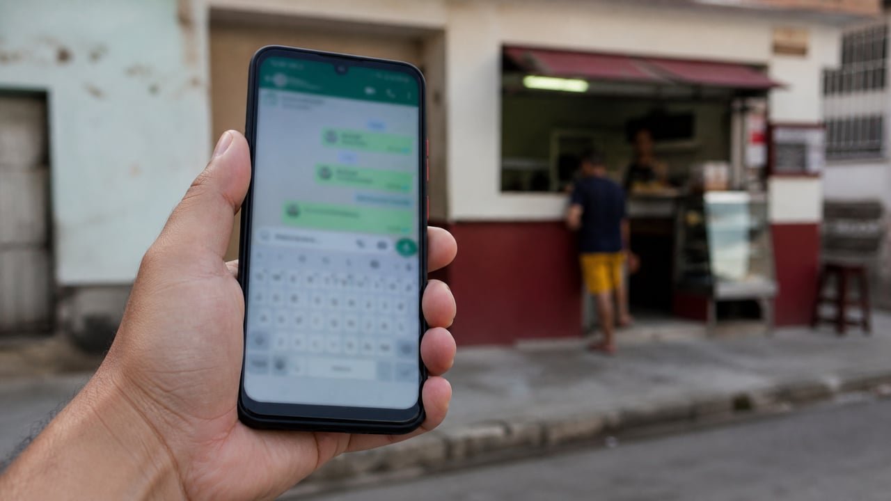 Teléfono con WhatsApp abierto frente a un negocio privado en Plaza de la Revolución, La Habana, símbolo del nuevo canal de denuncias del régimen