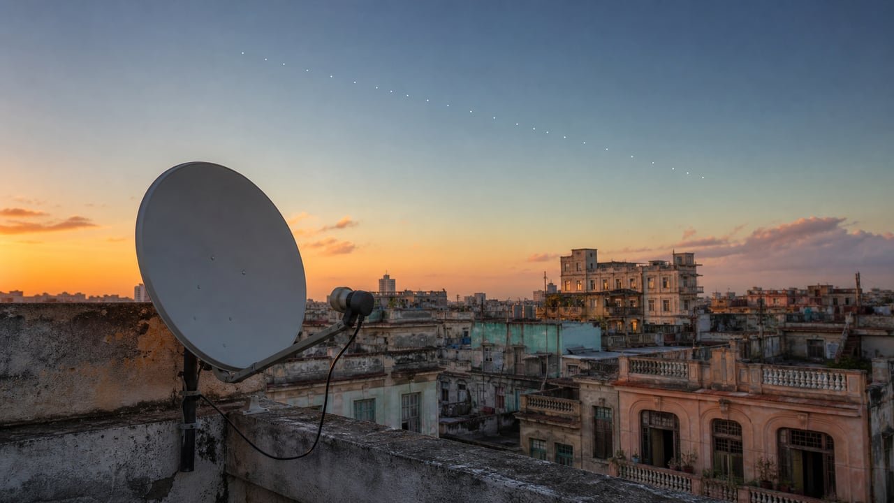 Antena de internet satelital en una azotea de La Habana bajo una cadena de satélites, ilustrando Qianfan, la alternativa china a Starlink, en Cuba