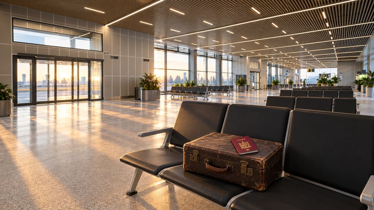 Vestíbulo del aeropuerto de Taskent con una maleta y un pasaporte cubano, en referencia a los cubanos enviados por Rusia a Uzbekistán