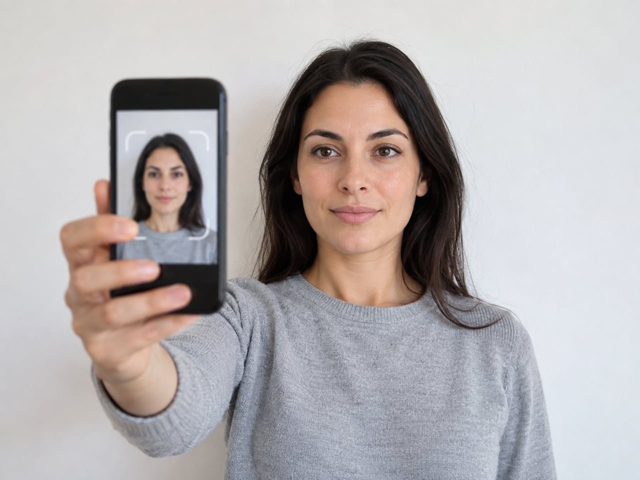 Persona tomándose una foto tipo pasaporte con el móvil frente a una pared blanca en casa