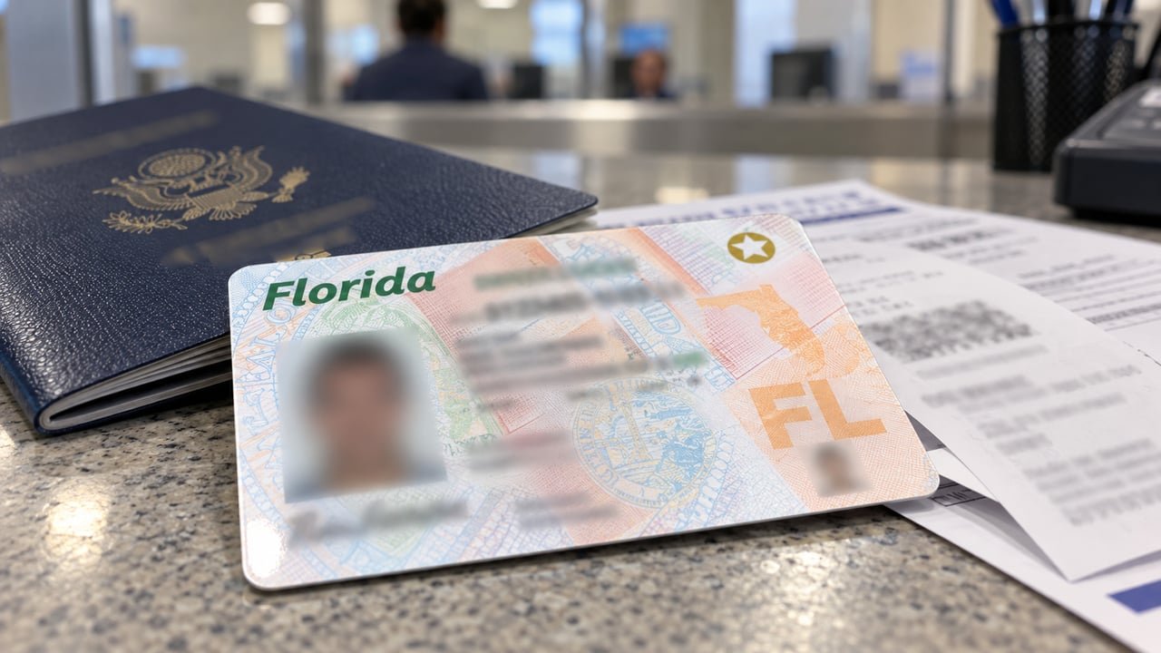 Licencia de conducir de Florida junto a documentos migratorios para renovación en Miami-Dade