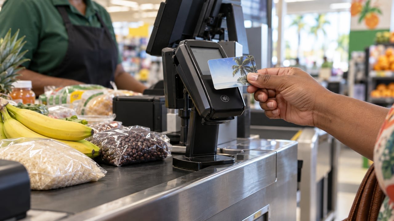 Tarjeta EBT en la caja de un supermercado de Estados Unidos, que ilustra el aumento de los beneficios SNAP para familias cubanas