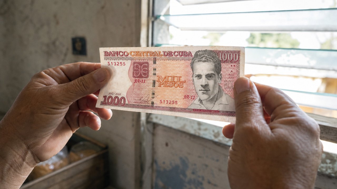 Persona revisando a contraluz un billete de 1.000 pesos cubanos para detectar una posible falsificación en Cuba