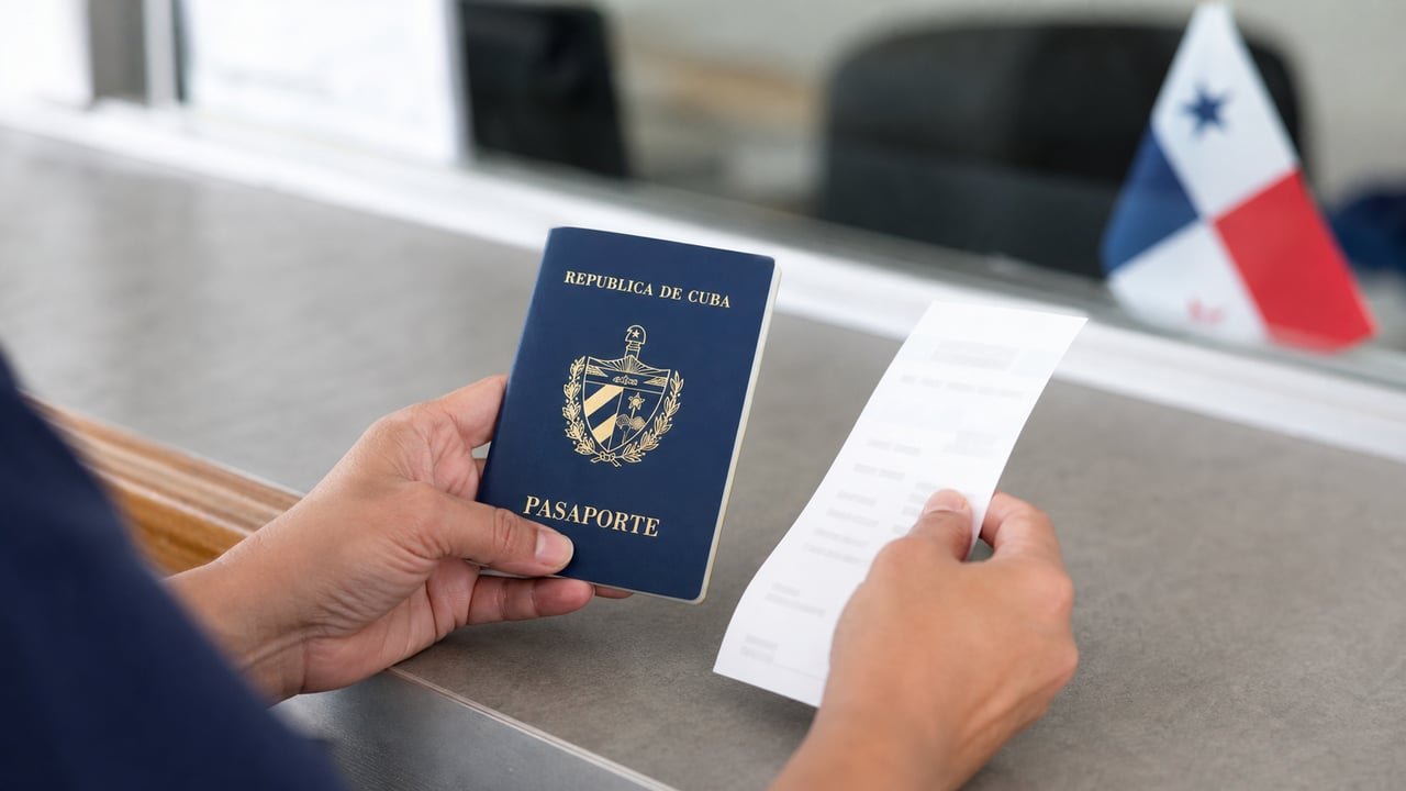 Comprobante de pago bancario y pasaporte cubano sobre un mostrador, con bandera de Panamá al fondo, por el cambio en el pago de la visa para cubanos