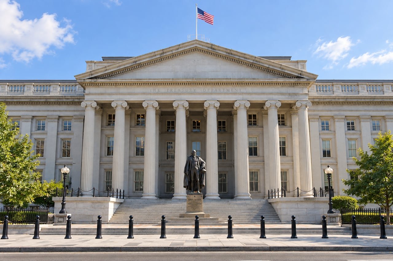 Fachada del edificio del Departamento del Tesoro de Estados Unidos, sede de la OFAC, en Washington D. C.