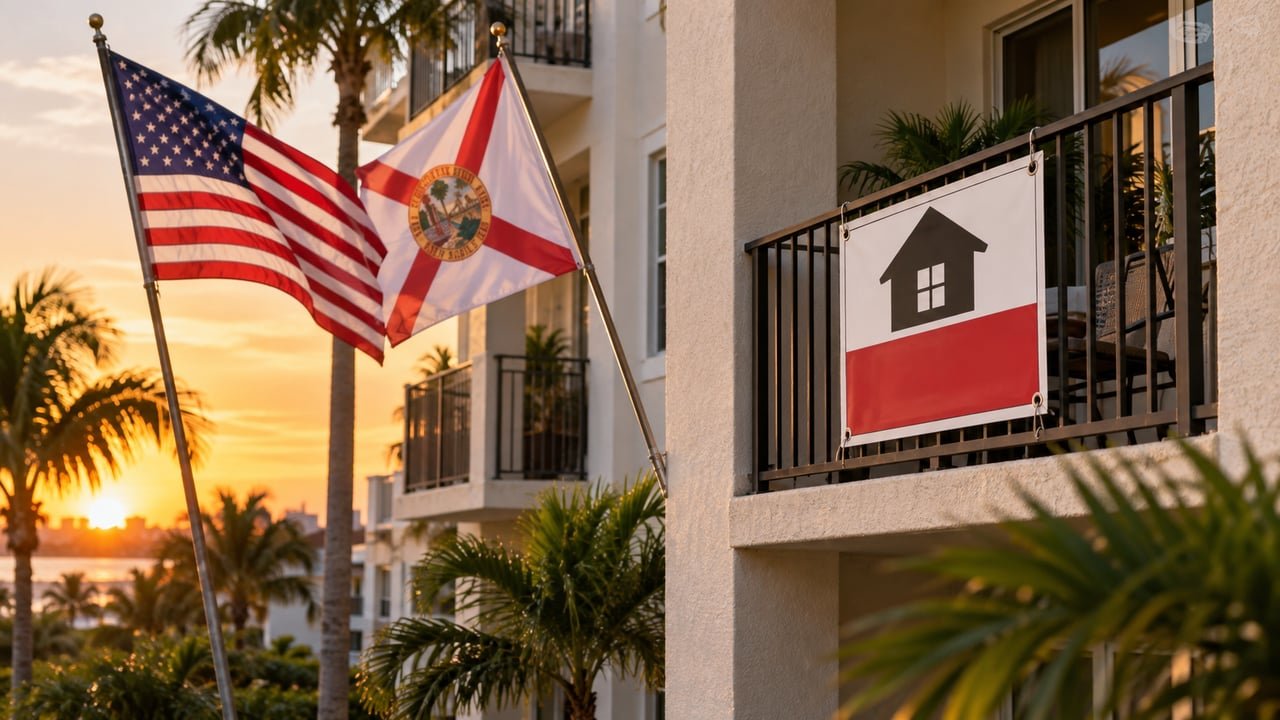 Bandera de Florida junto a un cartel de alquiler en un edificio residencial, símbolo de las nuevas leyes vigentes desde el 1 de octubre