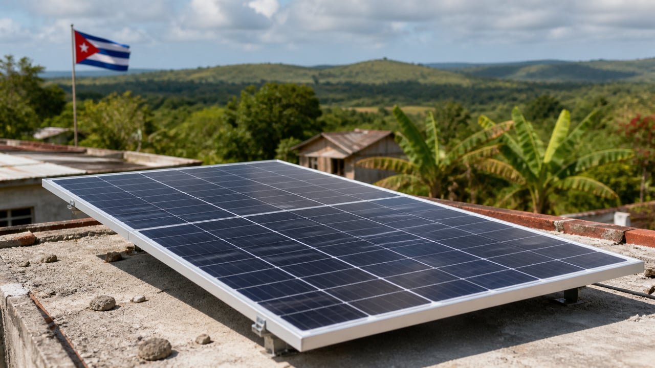 Panel solar donado por China instalado en una vivienda rural de Cuba