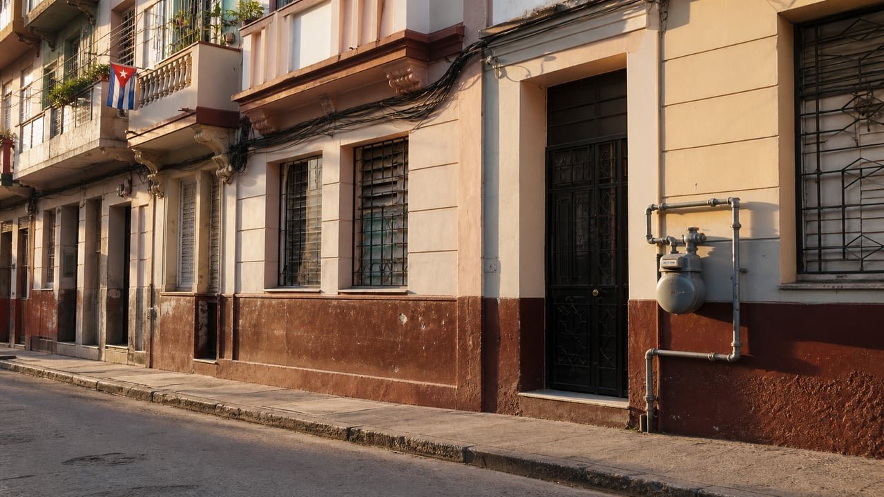 Medidor de gas manufacturado en la fachada de un edificio residencial de La Habana, Cuba
