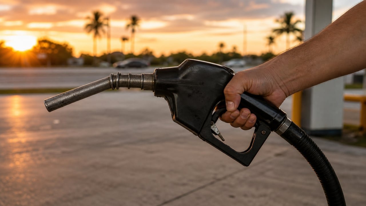 Conductor llenando el tanque de gasolina en una estación del sur de Florida mientras el precio del galón se acerca a los 4 dólares