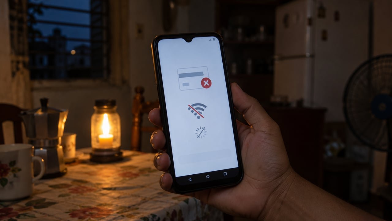 Teléfono móvil con error de conexión durante la falla energética que afecta a Transfermóvil y nauta en Cuba