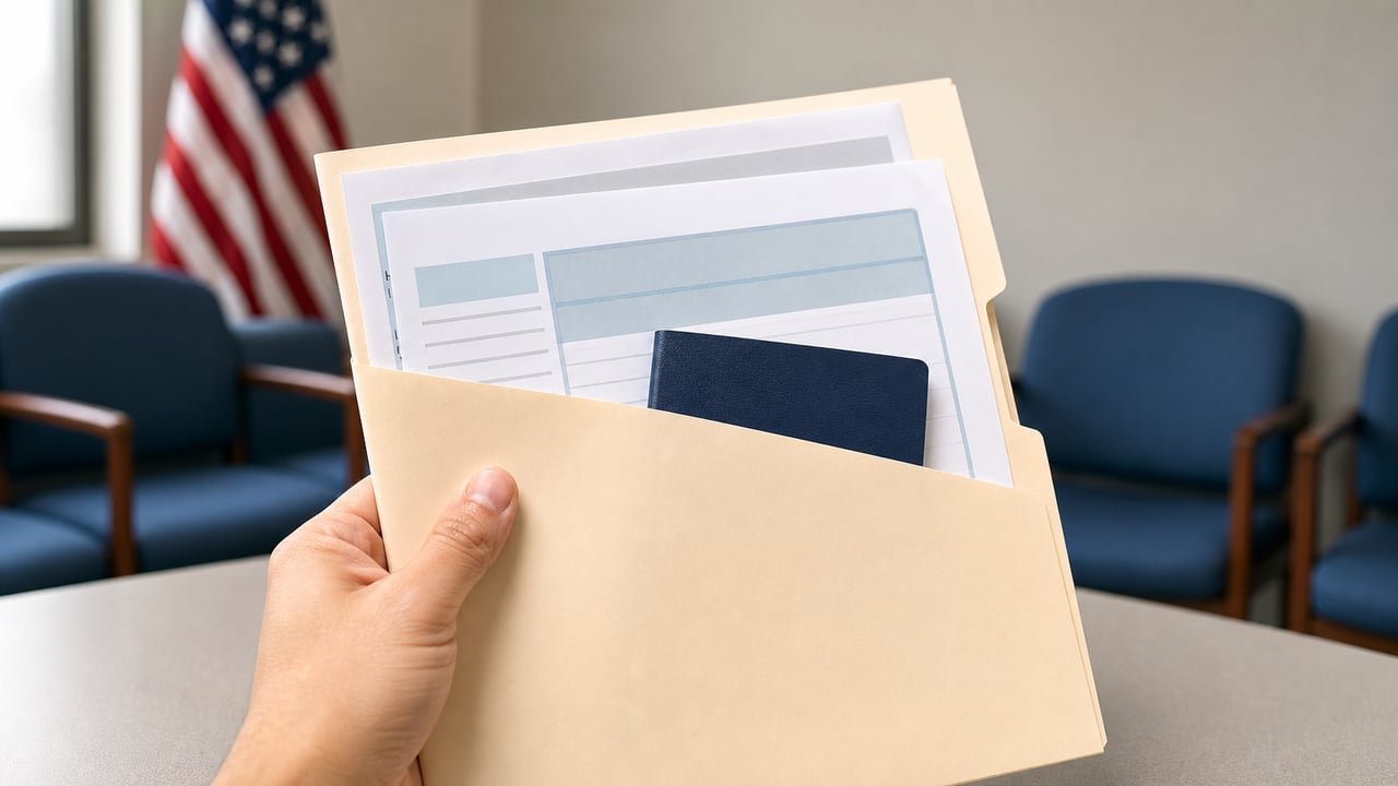Solicitante con documentos de ajuste de estatus en una oficina de inmigración de Estados Unidos con bandera estadounidense de fondo