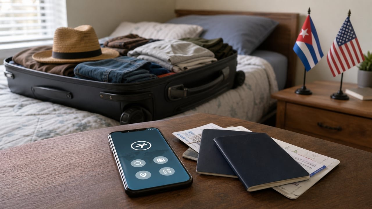Maleta lista junto a un teléfono con una app de viaje y banderas de Cuba y Estados Unidos, símbolo de la autodeportación de cubanos con CBP Home